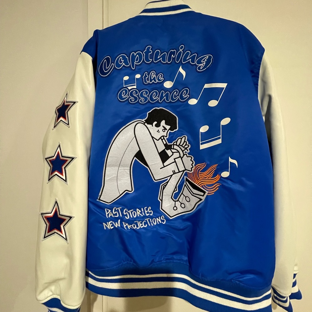 Blue and white Zara varsity jacket